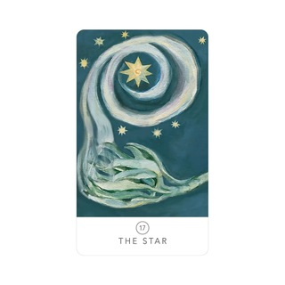 Tarot card titled 'The Star' with a hand holding a star against a dark blue background.