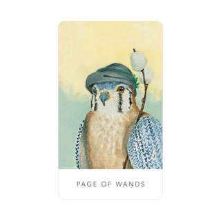 Card featuring a bird with a staff titled 'Page of Wands' on a light yellow background