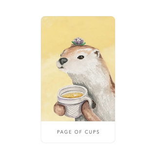 Illustration of an otter holding a cup with a yellow background, labeled 'Page of Cups'.