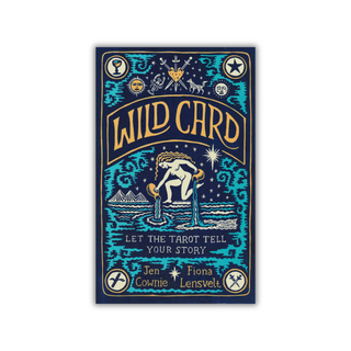 Book cover of 'Wild Card' with tarot card design elements on a blue and gold background.