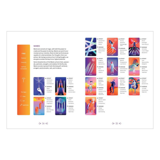 Collection of colorful tarot cards with text on a white background