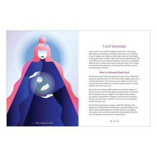 Card from a tarot deck with a figure holding a crystal ball and text on card meanings.